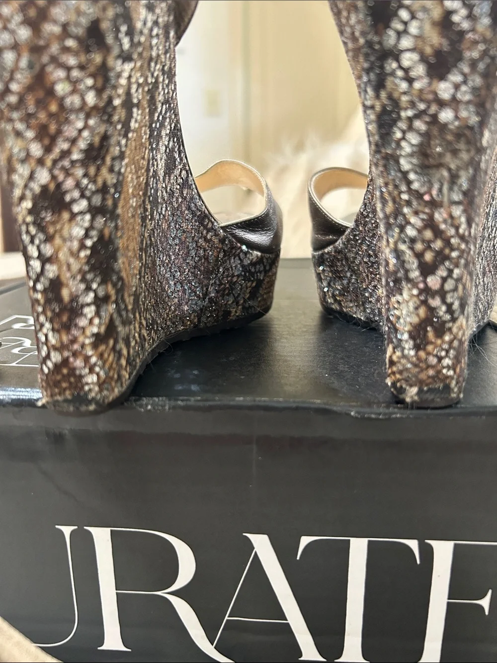 Jimmy Choo Pewter Metallic Snakeskin-Print Wedge Sandals
